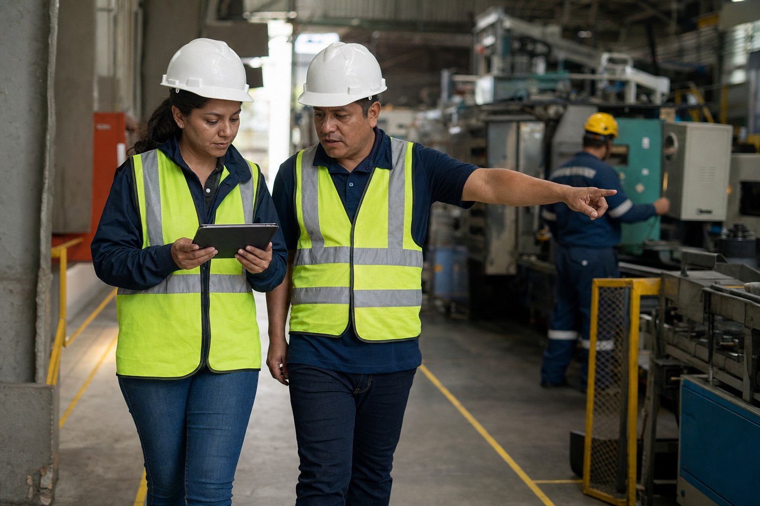 Consultora de seguridad y salud en el trabajo revisando condiciones de una planta industrial con el responsable de operaciones