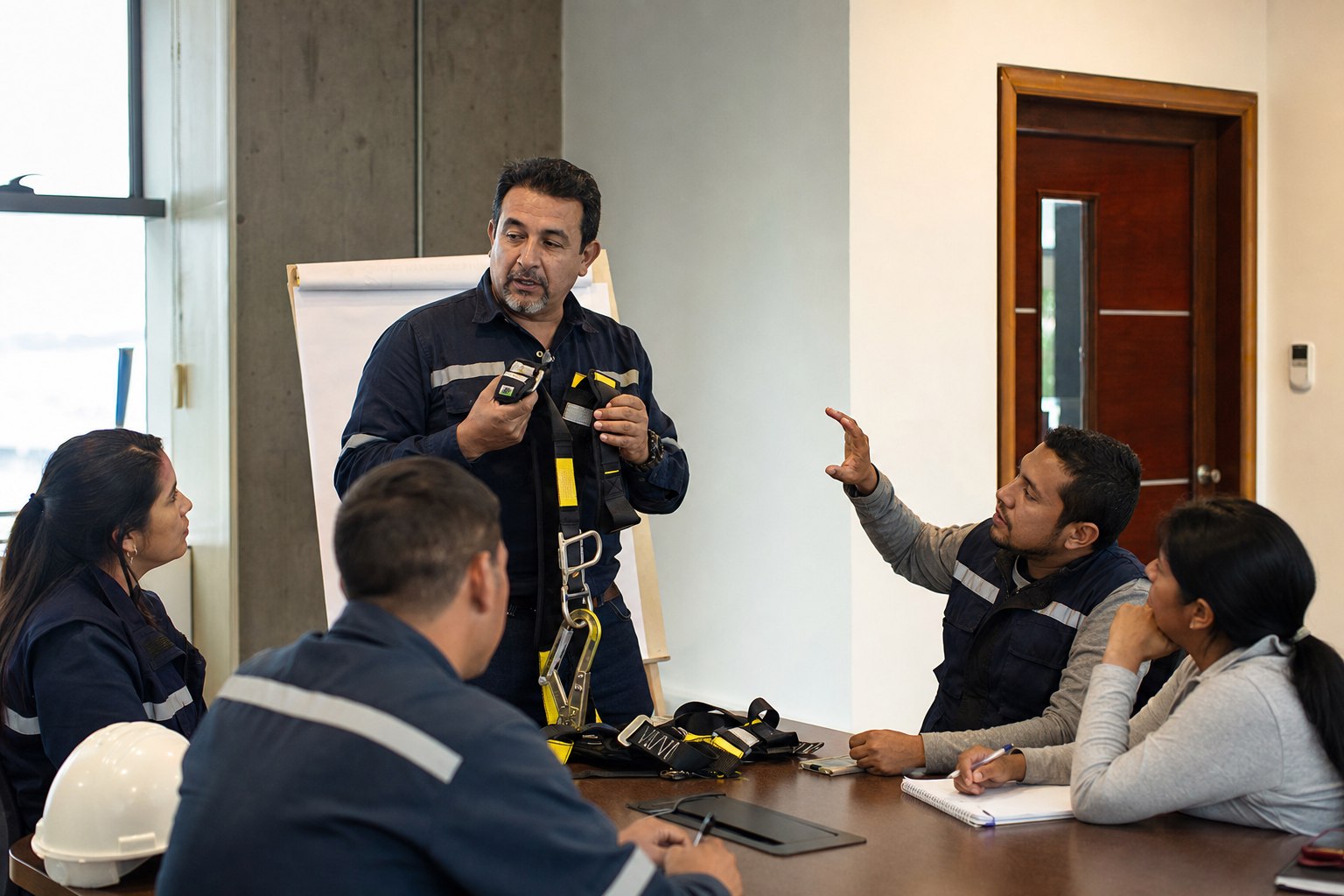 Facilitador impartiendo una capacitación práctica de seguridad a un equipo de trabajadores
