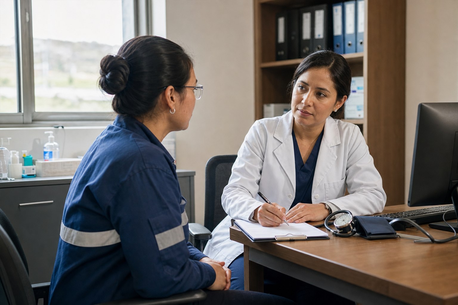 Médica ocupacional conversando con una trabajadora durante una consulta preventiva en la empresa